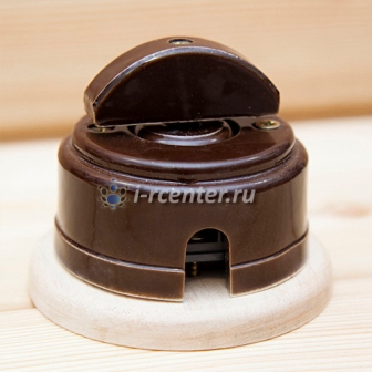 Ретро выключатель 2 клавишный, керамический, коричневый с подрозетником, ручка полумесяц